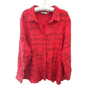 HABITAT | Red Black Abstract Print Button Front Blouse Top Artsy | XL